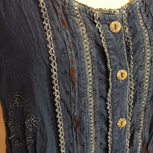 Boho Indian Dress Denim Blue Short Sleeve Embroidered mk Lg w/ Measurements - Picture 2 of 8